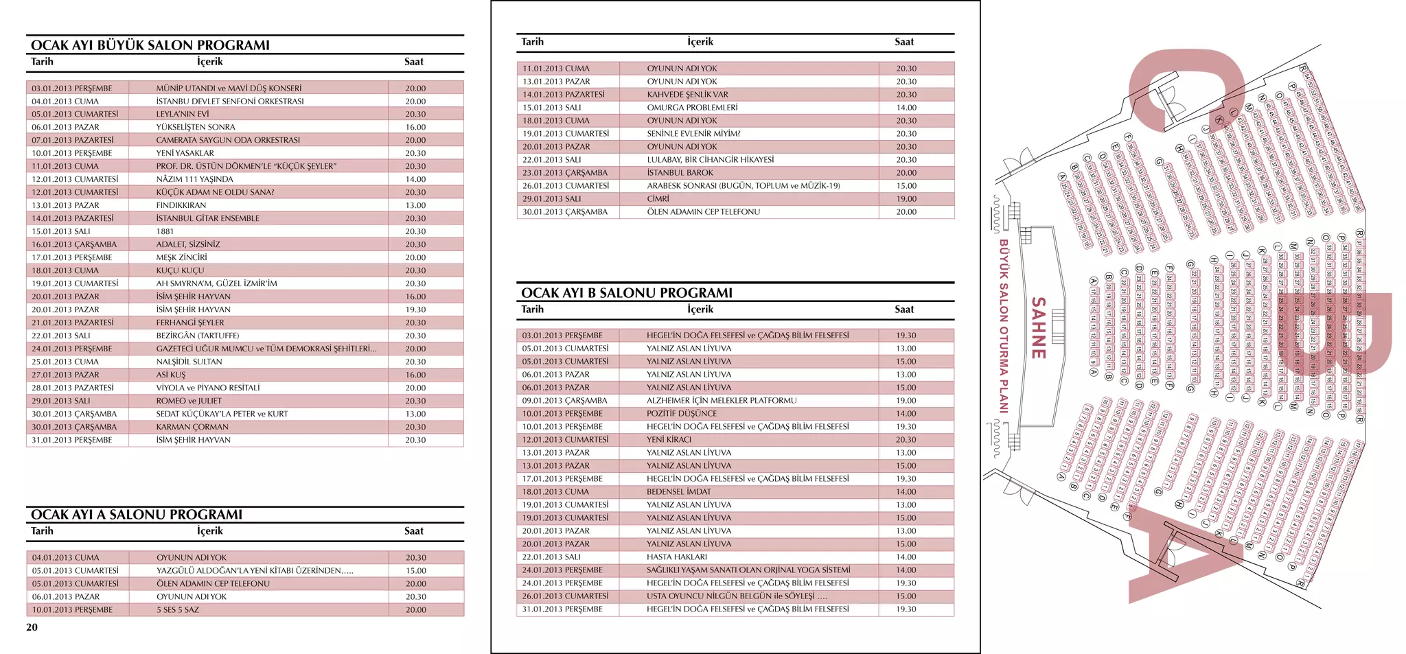 OCAK AYI BÜYÜK SALON PROGRAMI                                                          Tarih				                          İçerik					                                  Saat
Tarih				                          İçerik					                                 Saat
                                                                                       11.01.2013 CUMA 		       OYUNUN ADI YOK 					                                   20.30
                                                                                       13.01.2013 PAZAR 		      OYUNUN ADI YOK 					                                   20.30
03.01.2013 PERŞEMBE 		    MÜNİP UTANDI ve MAVİ DÜŞ KONSERİ 			                 20.00
                                                                                       14.01.2013 PAZARTESİ 	   KAHVEDE ŞENLİK VAR 				                                20.30
04.01.2013 CUMA 		        İSTANBU DEVLET SENFONİ ORKESTRASI 			                20.00
                                                                                       15.01.2013 SALI 		       OMURGA PROBLEMLERİ 				                                14.00
05.01.2013 CUMARTESİ 	    LEYLA’NIN EVİ 					                                  20.30
                                                                                       18.01.2013 CUMA 		       OYUNUN ADI YOK 					                                   20.30
06.01.2013 PAZAR 		       YÜKSELİŞTEN SONRA 					                              16.00
                                                                                       19.01.2013 CUMARTESİ 	   SENİNLE EVLENİR MİYİM? 				                            20.30
07.01.2013 PAZARTESİ 	    CAMERATA SAYGUN ODA ORKESTRASI 			                   20.00
                                                                                       20.01.2013 PAZAR 		      OYUNUN ADI YOK 					                                   20.30
10.01.2013 PERŞEMBE 		    YENİ YASAKLAR 					                                  20.30
                                                                                       22.01.2013 SALI 		       LULABAY, BİR CİHANGİR HİKAYESİ 			                     20.30
11.01.2013 CUMA 		        PROF. DR. ÜSTÜN DÖKMEN’LE “KÜÇÜK ŞEYLER” 		          20.30
                                                                                       23.01.2013 ÇARŞAMBA 	    İSTANBUL BAROK 					                                   20.00
12.01.2013 CUMARTESİ 	    NÂZIM 111 YAŞINDA 					                              14.00
                                                                                       26.01.2013 CUMARTESİ 	   ARABESK SONRASI (BUGÜN, TOPLUM ve MÜZİK-19) 		         15.00
12.01.2013 CUMARTESİ 	    KÜÇÜK ADAM NE OLDU SANA? 				                        20.30
                                                                                       29.01.2013 SALI 		       CİMRİ 						                                           19.00
13.01.2013 PAZAR 		       FINDIKKIRAN 					                                    13.00
                                                                                       30.01.2013 ÇARŞAMBA 	    ÖLEN ADAMIN CEP TELEFONU 				                          20.00
14.01.2013 PAZARTESİ 	    İSTANBUL GİTAR ENSEMBLE 				                         20.30
15.01.2013 SALI 		        1881 						                                          20.30
16.01.2013 ÇARŞAMBA 	     ADALET, SİZSİNİZ 					                               20.30
17.01.2013 PERŞEMBE 		    MEŞK ZİNCİRİ 					                                   20.00
18.01.2013 CUMA 		        KUÇU KUÇU 					                                      20.30
19.01.2013 CUMARTESİ 	    AH SMYRNA’M, GÜZEL İZMİR’İM 				                     20.30
20.01.2013 PAZAR 		       İSİM ŞEHİR HAYVAN 					                              16.00   OCAK AYI B SALONU PROGRAMI
20.01.2013 PAZAR 		       İSİM ŞEHİR HAYVAN 					                              19.30   Tarih				                          İçerik					                                  Saat
21.01.2013 PAZARTESİ 	    FERHANGİ ŞEYLER 					                                20.30
22.01.2013 SALI 		        BEZİRGÂN (TARTUFFE) 				                             20.30   03.01.2013 PERŞEMBE 		   HEGEL’İN DOĞA FELSEFESİ ve ÇAĞDAŞ BİLİM FELSEFESİ 		   19.30
24.01.2013 PERŞEMBE 		    GAZETECİ UĞUR MUMCU ve TÜM DEMOKRASİ ŞEHİTLERİ...	   20.00   05.01.2013 CUMARTESİ 	   YALNIZ ASLAN LİYUVA 				                               13.00
25.01.2013 CUMA 		        NALŞİDİL SULTAN 					                                20.30   05.01.2013 CUMARTESİ 	   YALNIZ ASLAN LİYUVA 				                               15.00
27.01.2013 PAZAR 		       ASİ KUŞ 						                                       16.00   06.01.2013 PAZAR 		      YALNIZ ASLAN LİYUVA 				                               13.00
28.01.2013 PAZARTESİ 	    VİYOLA ve PİYANO RESİTALİ 				                       20.00   06.01.2013 PAZAR 		      YALNIZ ASLAN LİYUVA 				                               15.00
29.01.2013 SALI 		        ROMEO ve JULIET 					                                20.30   09.01.2013 ÇARŞAMBA 	    ALZHEIMER İÇİN MELEKLER PLATFORMU 			                  19.00
30.01.2013 ÇARŞAMBA	      SEDAT KÜÇÜKAY’LA PETER ve KURT 			                   13.00   10.01.2013 PERŞEMBE 		   POZİTİF DÜŞÜNCE 					                                  14.00
30.01.2013 ÇARŞAMBA 	     KARMAN ÇORMAN					                                   20.30   10.01.2013 PERŞEMBE 		   HEGEL’İN DOĞA FELSEFESİ ve ÇAĞDAŞ BİLİM FELSEFESİ 		   19.30
31.01.2013 PERŞEMBE 		    İSİM ŞEHİR HAYVAN 					                              20.30   12.01.2013 CUMARTESİ 	   YENİ KİRACI 					                                      20.30
                                                                                       13.01.2013 PAZAR 		      YALNIZ ASLAN LİYUVA 				                               13.00
                                                                                       13.01.2013 PAZAR 		      YALNIZ ASLAN LİYUVA 				                               15.00
                                                                                       17.01.2013 PERŞEMBE 		   HEGEL’İN DOĞA FELSEFESİ ve ÇAĞDAŞ BİLİM FELSEFESİ 		   19.30
                                                                                       18.01.2013 CUMA 		       BEDENSEL İMDAT 					                                   14.00
                                                                                       19.01.2013 CUMARTESİ 	   YALNIZ ASLAN LİYUVA 				                               13.00
OCAK AYI A SALONU PROGRAMI                                                             19.01.2013 CUMARTESİ 	   YALNIZ ASLAN LİYUVA 				                               15.00
Tarih				                          İçerik					                                 Saat    20.01.2013 PAZAR 		      YALNIZ ASLAN LİYUVA 				                               13.00
                                                                                       20.01.2013 PAZAR 		      YALNIZ ASLAN LİYUVA 				                               15.00
 04.01.2013 CUMA 		       OYUNUN ADI YOK 					                                 20.30   22.01.2013 SALI 		       HASTA HAKLARI 					                                    14.00
 05.01.2013 CUMARTESİ 	   YAZGÜLÜ ALDOĞAN’LA YENİ KİTABI ÜZERİNDEN….. 		       15.00   24.01.2013 PERŞEMBE 		   SAĞLIKLI YAŞAM SANATI OLAN ORJİNAL YOGA SİSTEMİ 		     14.00
 05.01.2013 CUMARTESİ 	   ÖLEN ADAMIN CEP TELEFONU 				                        20.00   24.01.2013 PERŞEMBE		    HEGEL’İN DOĞA FELSEFESİ ve ÇAĞDAŞ BİLİM FELSEFESİ 		   19.30
 06.01.2013 PAZAR 		      OYUNUN ADI YOK 					                                 20.30   26.01.2013 CUMARTESİ 	   USTA OYUNCU NİLGÜN BELGÜN ile SÖYLEŞİ …. 		            15.00
 10.01.2013 PERŞEMBE		    5 SES 5 SAZ 					                                    20.00   31.01.2013 PERŞEMBE 		   HEGEL’İN DOĞA FELSEFESİ ve ÇAĞDAŞ BİLİM FELSEFESİ 		   19.30

20
 