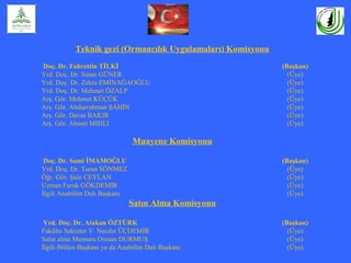 Teknik gezi (Ormancılık Uygulamaları) Komisyonu
Doç. Dr. Fahrettin TİLKİ (Başkan)
Yrd. Doç. Dr. Sinan GÜNER (Üye)
Yrd. Doç. Dr. Zehra EMİNAĞAOĞLU (Üye)
Yrd. Doç. Dr. Mehmet ÖZALP (Üye)
Arş. Gör. Mehmet KÜÇÜK (Üye)
Arş. Gör. Abdurrahman ŞAHİN (Üye)
Arş. Gör. Davut BAKIR (Üye)
Arş. Gör. Ahmet MIHLI (Üye)
Muayene Komisyonu
Doç. Dr. Sami İMAMOĞLU (Başkan)
Yrd. Doç. Dr. Turan SÖNMEZ (Üye)
Öğr. Gör. Şule CEYLAN (Üye)
Uzman Faruk GÖKDEMİR (Üye)
İlgili Anabilim Dalı Başkanı (Üye)
Satın Alma Komisyonu
Yrd. Doç. Dr. Atakan ÖZTÜRK (Başkan)
Fakülte Sekreter V. Necdet ÜÇDEMİR (Üye)
Satın alma Memuru Osman DURMUŞ (Üye)
İlgili Bölüm Başkanı ya da Anabilim Dalı Başkanı (Üye)
 