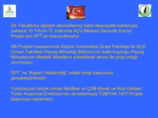 29. Fakültemiz öğretim elemanlarının kahir ekseriyette katılımıyla,
yaklaşık 10 Trilyon TL tutarında AÇÜ Merkezi Deneylik Kurma
Projesi için DPT’ye başvurulmuştur.
AB Projeleri kapsamında Atatürk Üniversitesi Ziraat Fakültesi ile AÇÜ
Orman Fakültesi Peyzaj Mimarlığı Bölümü’nün katkı koyduğu Peyzaj
Mimarlarının Mesleki İtibarlarını yükseltmek amacı ile proje ortağı
olunmuştur.
DPT’ na “Kapari Yetiştiriciliği” odaklı proje başvurusu
gerçekleştirilmiştir.
Yurdumuzun birçok orman fakültesi ve ÇOB Kavak ve Hızlı Gelişen
Türler Araştırma Enstitüsü’nün de katılımıyla TÜBİTAK 1007 Projesi
başvurusu yapılmıştır.
 