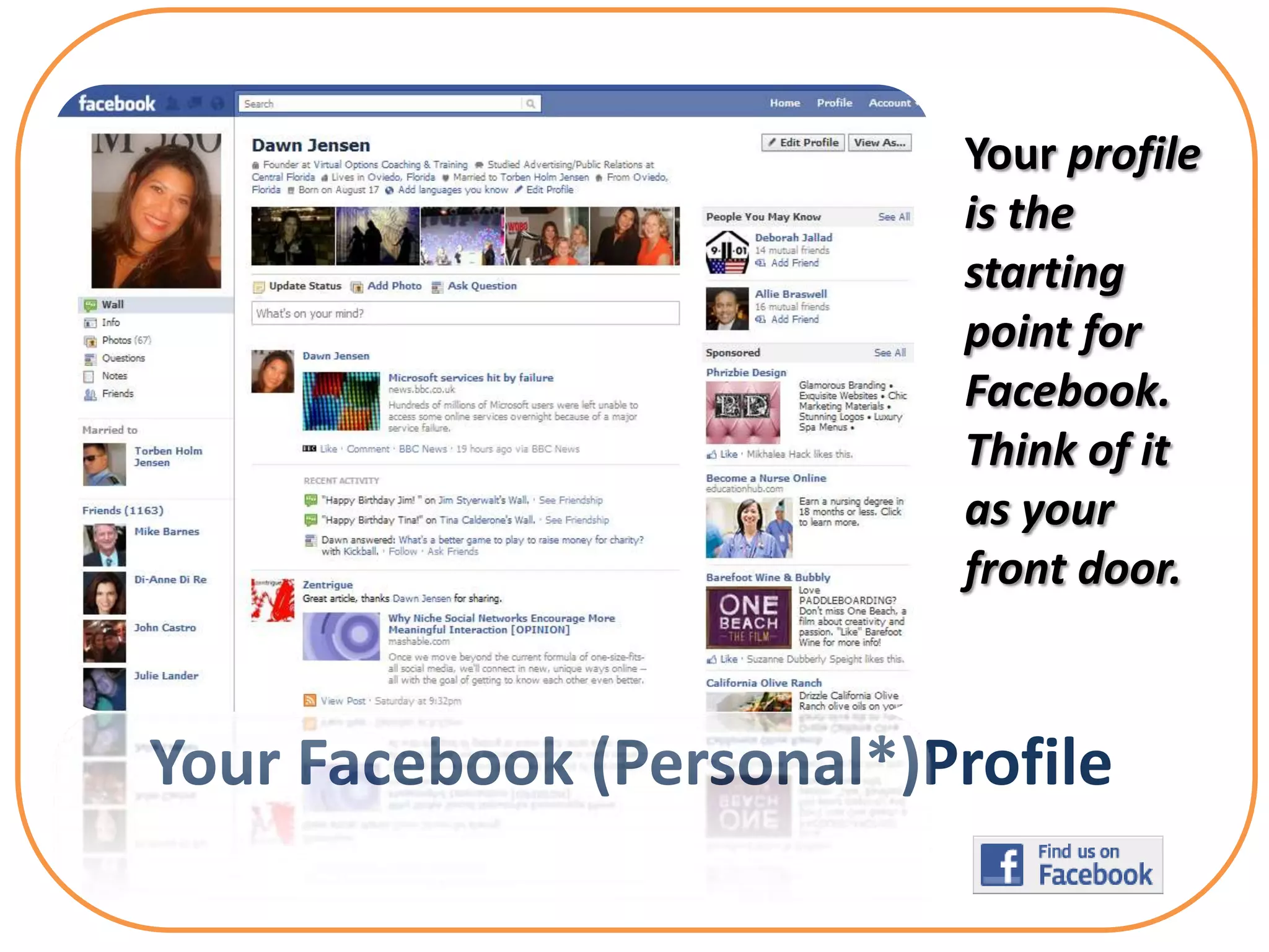 Your profile
                           is the
                           starting
                           point for
                           Facebook.
                           Think of it
                           as your
                           front door.



Your Facebook (Personal*)Profile
 