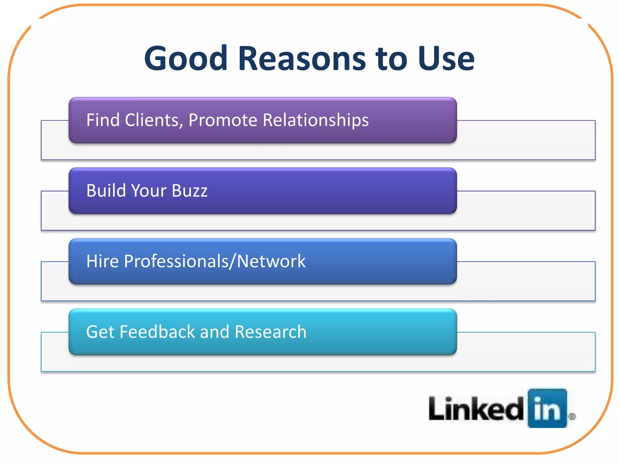 Good Reasons to Use
Find Clients, Promote Relationships


Build Your Buzz


Hire Professionals/Network


Get Feedback and Research
 