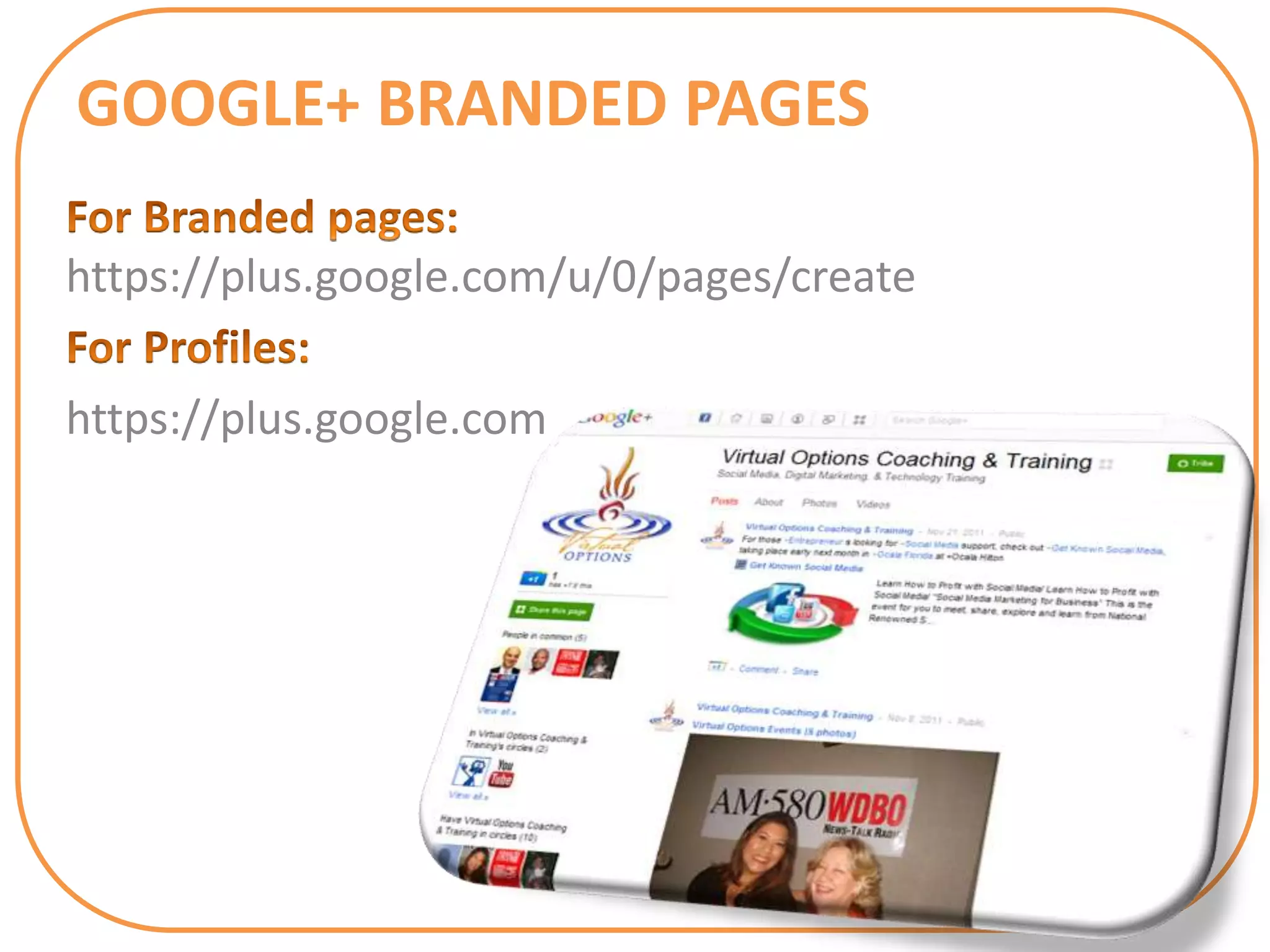 GOOGLE+ BRANDED PAGES

https://plus.google.com/u/0/pages/create

https://plus.google.com
 
