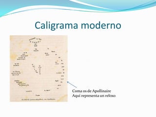 Caligrama moderno




       Coma os de Apollinaire
       Aquí representa un reloxo
 