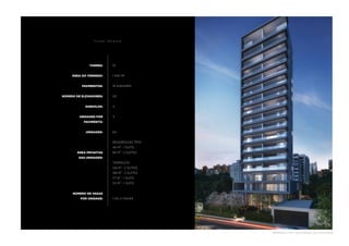 fi c h a t é c ni c a 
torres: 
área do terreno: 
pavimentos: 
número de elevadores: 
subsolos: 
unidades por 
pavimento: 
unidades: 
área privativa 
das unidades: 
número de vagas 
por unidade: 
01 
1.400 M2 
16 and ares 
02 
4 
4 
64 
resid ências tipo : 
44 m2 - 1 SUÍte 
84 m2 - 2 SUÍtes 
terraços: 
124 m2 - 2 SUÍtes 
169 m2 - 2 SUÍtes 
171 m2 - 1 SUÍte 
115 m2 - 1 SUÍte 
1 ou 2 vagas 
perspe c ti v a i l ustr a d a d a F AC H A D A 
 