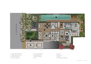 1. acesso para pedestres 
2. acesso para veí culos 
3. acesso de ser viço 
4. hall so cial/est ar 
5. sala de segur ança 
6. brinquedote ca 
7. ESPAÇO GOURMET 
8. spa 
9. saun a 
10. ACADEMIA 
11. pis cin a 
12. pr aça jabuti cabeir as 
1 
2 
11 
12 
3 
9 
4 
5 
6 
10 
7 
8 
I M P LA N T AÇ Ã O | T É R R E O 
A L . d o s M A R AC AT I N S 
 