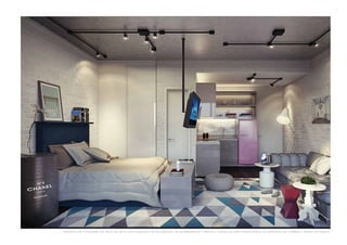 Perspectiva ilustrada do apto. de 4 4 m2 c om sugestão de de c or a ç ão . O s a c a b a mentos , m ó v eis e utensí l ios não fa z em p a rte do c ontr ato de c ompr a e v end a do im ó v e l . 
 