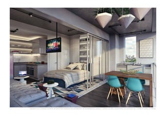 Perspectiva ilustrada do apto. de 4 4 m2 c om sugestão de de c or a ç ão . O s a c a b a mentos , m ó v eis e utensí l ios não fa z em p a rte do c ontr ato de c ompr a e v end a do im ó v e l . 
 