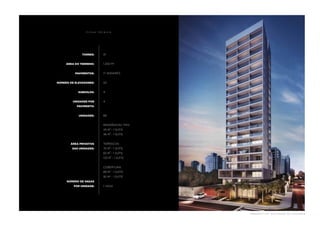 perspe c ti v a i l ustr a d a d a F AC H A D A 
fi c h a t é c ni c a 
torres: 
área do terreno: 
pavimentos: 
número de elevadores: 
subsolos: 
unidades por 
pavimento: 
unidades: 
área privativa 
das unidades: 
número de vagas 
por unidade: 
01 
1.200 M2 
17 and ares 
02 
4 
4 
68 
resid ências tipo : 
45 m2 - 1 SUÍte 
46 m2 - 1 SUÍte 
terraços: 
70 m2 - 1 SUÍte 
65 m2 - 1 SUÍte 
133 m2 - 1 SUÍte 
cobertura: 
89 m2 - 1 SUÍte 
92 m2 - 1 SUÍte 
1 vaga 
 