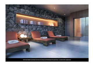 sofisticado ambiente com paredes revestidas por pedras que proporcionam um clima natural e, ao mesmo tempo, aconchegante. 
pers pect iva ilu s t rada do s pa 
 