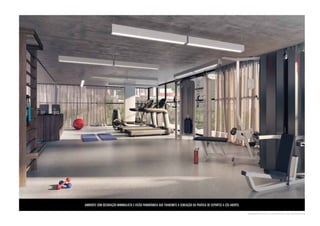 Ambiente com decoração minimalista e visão panorâmica que transmite a sensação da prática de esportes a céu aberto. 
pers pect iva ilu s t rada da academia 
 