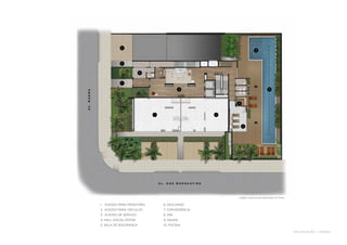 2 
3 
1. acesso para pedestres 
2. acesso para veí culos 
3. acesso de ser viço 
4. hall so cial/est ar 
5. sala de segur ança 
6. des canso 
7. CONVENIÊNCIA 
8. spa 
9. saun a 
10. pis cin a 
I M P LA N T AÇ Ã O | T É R R E O 
Imagem ilustrativa da Implantação do Térreo 
1 
9 
4 
5 
6 
10 
7 7 
8 
A L . d o s M A R AC AT I N S 
Av. moema 
 