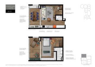 COB 
ER 
TU 
RA 
pav imento inferior 
pav imento superior 
COBERTURA 
1 suíte 
89 M2 
infr aestrutur a p/ 
medição 
indi vidu al de águ a 
no hall dos 
pavimentos 
caixilho pro jet ado 
p/ maior integr ação 
sala/terraço 
caixilhos sem 
travessa com 
vidros lamin ados 
propor cion ando 
me lhor conforto 
acústi co 
caixilho pro jet ado 
p/ maior integr ação 
quarto/terraço 
caixilhos sem 
travessa com 
vidros lamin ados 
propor cion ando 
me lhor conforto 
acústi co 
infr aestrutur a 
p/ coifa com duto 
ponto de águ a 
p/ geladeira 
ponto p/ máquin a 
DE lavar louça 
P l a nt as i lustr ati vas fin a l 0 1 c om sugestão de de cor a ç ão . O s mó v eis e utensí l ios são de dimens ões c omer c i a is e não fa z em pa rte do c ontr ato de c ompr a e v end a do 
im ó v e l . As medid as são de fac e a fac e das pa redes . O s a c a b a mentos serão entregues c onforme o M emori a l D es c riti vo. 
infr aestrutur a p/ 
automaÇão/som 
ambiente /câmer as 
infr aestrutur a comp let a 
p/ ar-condi cion ado 
anten a e te lefoni a 
entregues cabe adas 
em todos os pontos 
bacia dos banheiros 
com dup lo acion amento 
sistem a de aque cimento 
ENTREGUE fun cion ando 
através de caldeira coletiva 
fin al 01 
fin al 02 
fin al 03 
fin al 04 
AV. moema 
AL . DOS maracatins 
 