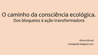 O caminho da consciência ecológica.
Dos bloqueios à ação transformadora
Afonso Murad
ecologiaefe.blogspot.com
 