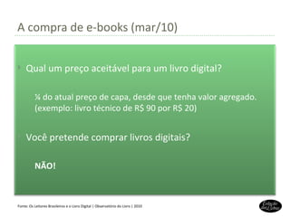 A compra de e-books (mar/10) Fonte: Os Leitores Brasileiros e o Livro Digital | Observatório do Livro | 2010 Qual um preço aceitável para um livro digital? ¼ do atual preço de capa, desde que tenha valor agregado.(exemplo: livro técnico de R$ 90 por R$ 20) Você pretende comprar livros digitais? NÃO! 