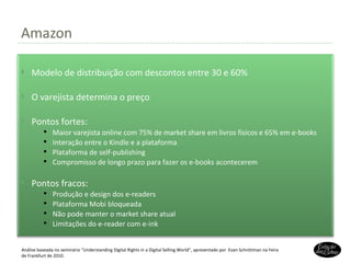 Amazon Análise baseada no seminário “Understanding Digital Rights in a Digital Selling World”, apresentado por  Evan Schnittman na Feira de Frankfurt de 2010. Modelo de distribuição com descontos entre 30 e 60% O varejista determina o preço Pontos fortes: Maior varejista online com 75% de market share em livros físicos e 65% em e-books Interação entre o Kindle e a plataforma Plataforma de self-publishing Compromisso de longo prazo para fazer os e-books acontecerem Pontos fracos: Produção e design dos e-readers Plataforma Mobi bloqueada Não pode manter o market share atual Limitações do e-reader com e-ink 