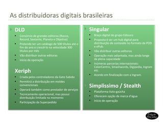 As distribuidoras digitais brasileiras DLD Consórcio de grandes editoras (Rocco, Record, Sextante, Planeta e Objetiva) Pretende ter um catálogo de 500 títulos até o fim do ano e crescê-lo na velocidade 300 títulos por mês Vão distribuir outras editoras Início de operação Xeriph Criada pelos controladores da Gato Sabido Permitirá a distribuição em moldes convencionais Operará também como prestador de serviços Tecnicamente operacional, mas possui distribuição limitada no momento Participação da Superpedido Singular Braço digital do grupo Ediouro Proposta é ser um hub digital para distribuição de conteúdo no formato de POD e ePub. Vão distribuir outras editoras Operação mais adiantada, mas ainda longe da plena capacidade Inúmeras parcerias internacionais: ColorCentric, Smashwords, Digipedia, Ingram etc. Acordo em finalização com a Ingram. Simplissimo / Stealth Plataforma ítalo-gaúcha Oferecem opção de marca d’água Início de operação 