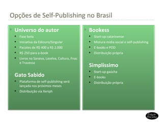 Opções de Self-Publishing no Brasil Universo do autor Fase beta Iniciativa da Ediouro/Singular Pacotes de R$ 400 a R$ 2.000 R$ 250 para e-book Livros na Saraiva, Laselva, Cultura, Fnac e Travessa Gato Sabido Plataforma de self-publishing será lançada nos próximos meses Distribuição via Xeriph Bookess Start-up catarinense Mistura mídia social e self-publishing E-books e POD Distribuição própria Simplíssimo Start-up gaúcha E-books Distribuição própria 