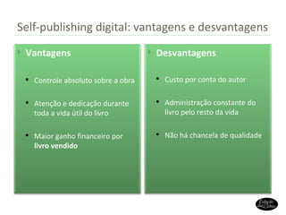 Self-publishing digital: vantagens e desvantagens Vantagens Controle absoluto sobre a obra Atenção e dedicação durante toda a vida útil do livro Maior ganho financeiro por  livro vendido Desvantagens Custo por conta do autor Administração constante do livro pelo resto da vida Não há chancela de qualidade 