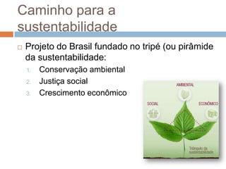 Caminho para a
sustentabilidade
   Projeto do Brasil fundado no tripé (ou pirâmide
    da sustentabilidade:
    1.   Conservação ambiental
    2.   Justiça social
    3.   Crescimento econômico
 