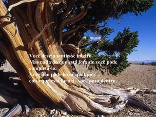 Você deseja sentir-se inteiro.
Mas nada do que está fora de você pode
completá-lo.
Você não pode levar qualquer
coisa que está fora de você para dentro.
 