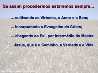 Se assim procedermos estaremos sempre... ...  cultivando as Virtudes, o Amor e o Bem; ...  incorporando o Evangelho do Cristo; ...  chegando ao Pai, por intermédio do Mestre  Jesus, que é o Caminho, a Verdade e a Vida. 