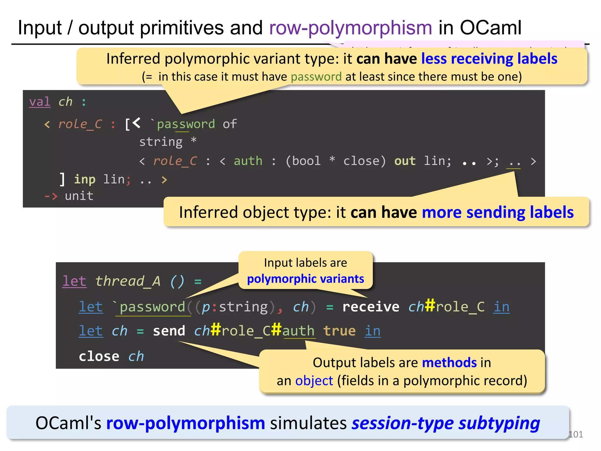Input / output primitives and row-polymorphism in OCaml
101
let thread_A () =
let `password((p:string), ch) = receive ch#role_C in
let ch = send ch#role_C#auth true in
close ch
OCaml's row-polymorphism simulates session-type subtyping
(FP's type inference-friendly structural typing)
Input labels are
polymorphic variants
Input labels are
polymorphic variants
Output labels are methods in
an object (fields in a polymorphic record)
Output labels are methods in
an object (fields in a polymorphic record)
val ch :
< role_C : [< `password of
string *
< role_C : < auth : (bool * close) out lin; .. >; .. >
] inp lin; .. >
-> unit
Inferred polymorphic variant type: it can have less receiving labels
(= in this case it must have password at least since there must be one)
Inferred object type: it can have more sending labels
 