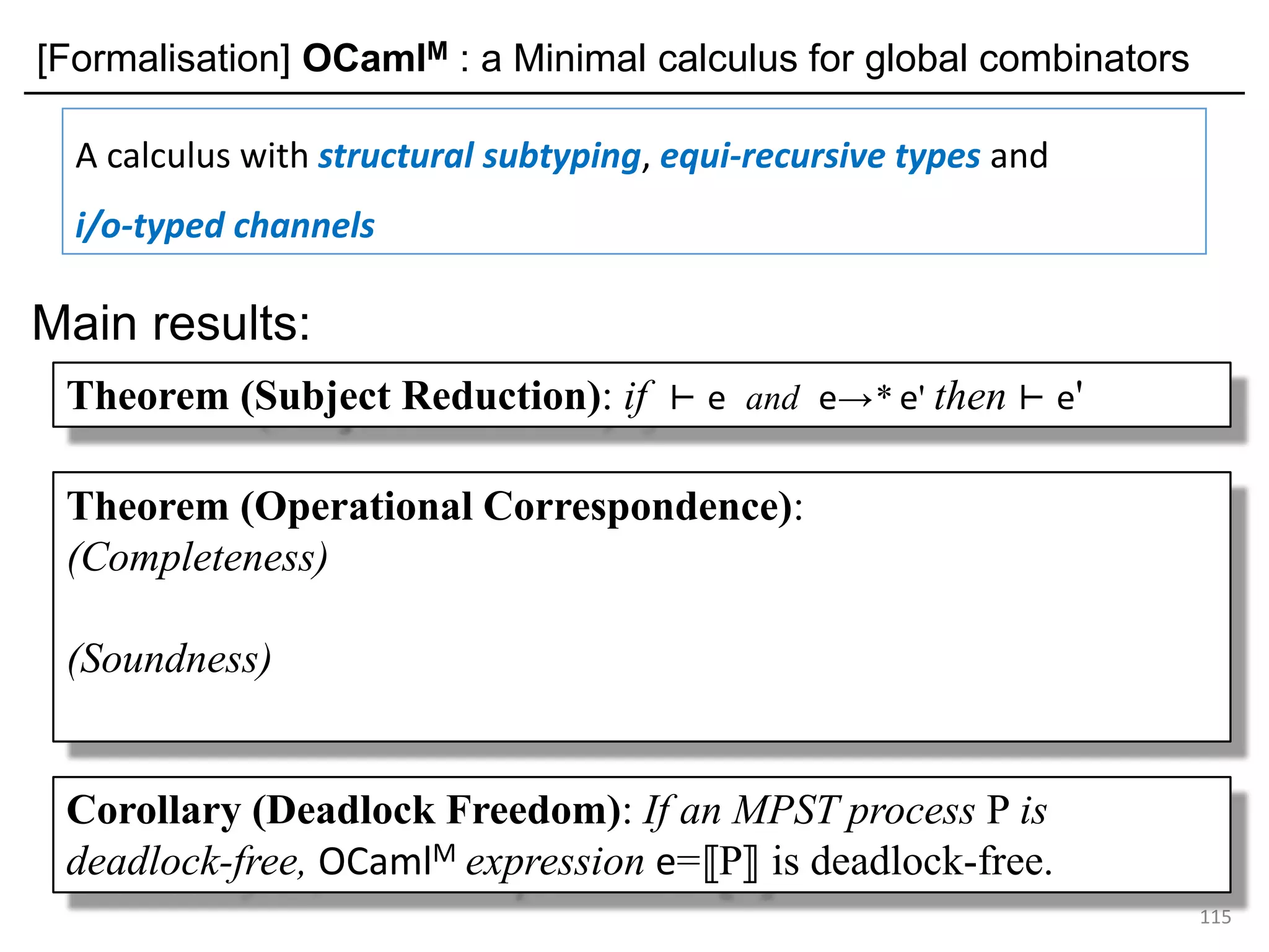 [Formalisation] OCamlM : a Minimal calculus for global combinators
Main results:
115
A calculus with structural subtyping, equi-recursive types and
i/o-typed channels
Theorem (Subject Reduction): if ⊢ e and e→* e' then ⊢ e'
Theorem (Operational Correspondence):
(Completeness)
(Soundness)
Corollary (Deadlock Freedom): If an MPST process P is
deadlock-free, OCamlM expression e=⟦P⟧ is deadlock-free.
 
