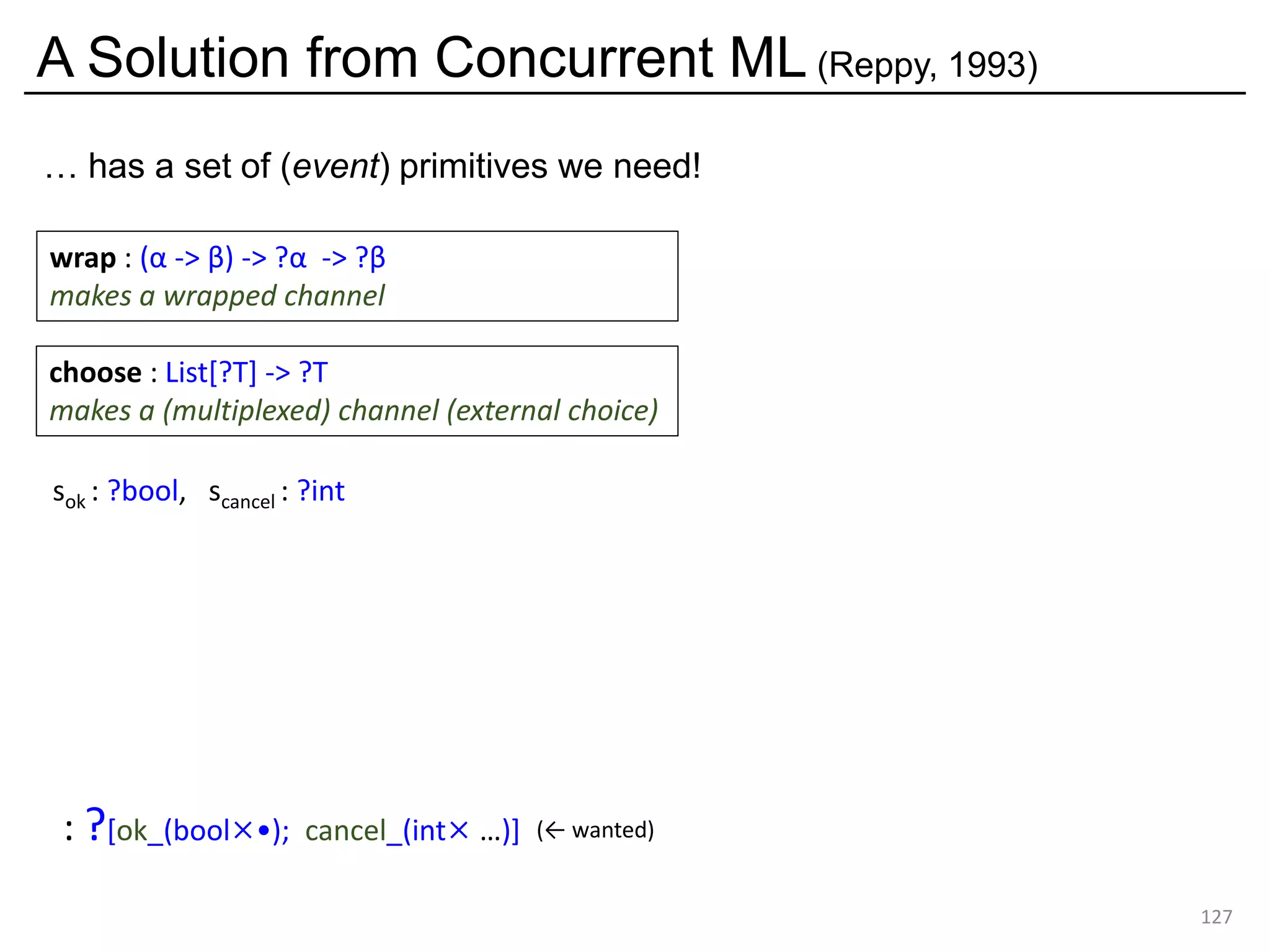 A Solution from Concurrent ML (Reppy, 1993)
127
… has a set of (event) primitives we need!
choose : List[?T] -> ?T
makes a (multiplexed) channel (external choice)
wrap : (α -> β) -> ?α -> ?β
makes a wrapped channel
sok : ?bool, scancel : ?int
: ?[ok_(bool×•); cancel_(int× …)] (← wanted)
 