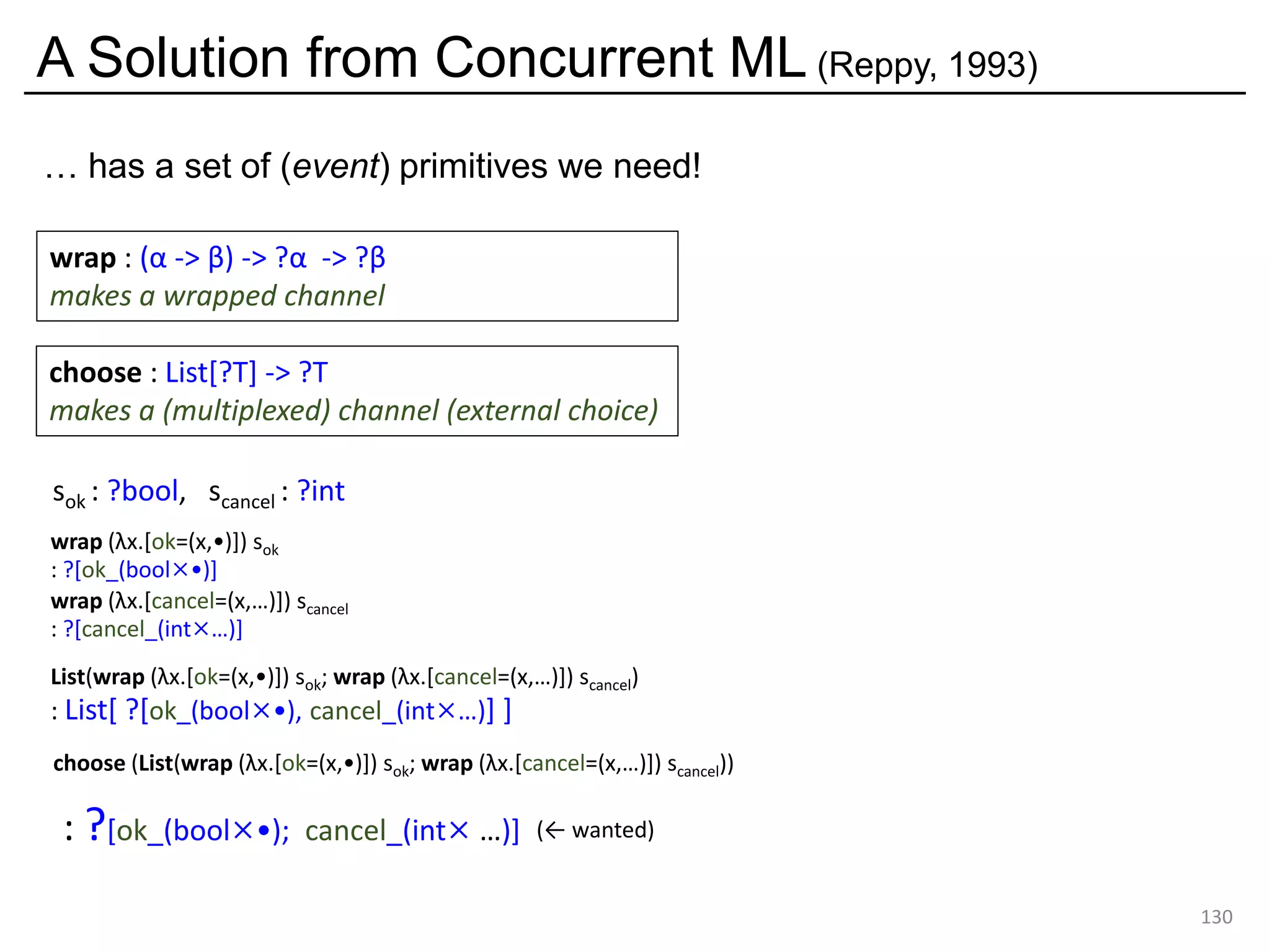 A Solution from Concurrent ML (Reppy, 1993)
130
… has a set of (event) primitives we need!
choose : List[?T] -> ?T
makes a (multiplexed) channel (external choice)
wrap : (α -> β) -> ?α -> ?β
makes a wrapped channel
sok : ?bool, scancel : ?int
wrap (λx.[ok=(x,•)]) sok
: ?[ok_(bool×•)]
wrap (λx.[cancel=(x,…)]) scancel
: ?[cancel_(int×…)]
List(wrap (λx.[ok=(x,•)]) sok; wrap (λx.[cancel=(x,…)]) scancel)
: List[ ?[ok_(bool×•), cancel_(int×…)] ]
choose (List(wrap (λx.[ok=(x,•)]) sok; wrap (λx.[cancel=(x,…)]) scancel))
: ?[ok_(bool×•); cancel_(int× …)] (← wanted)
 