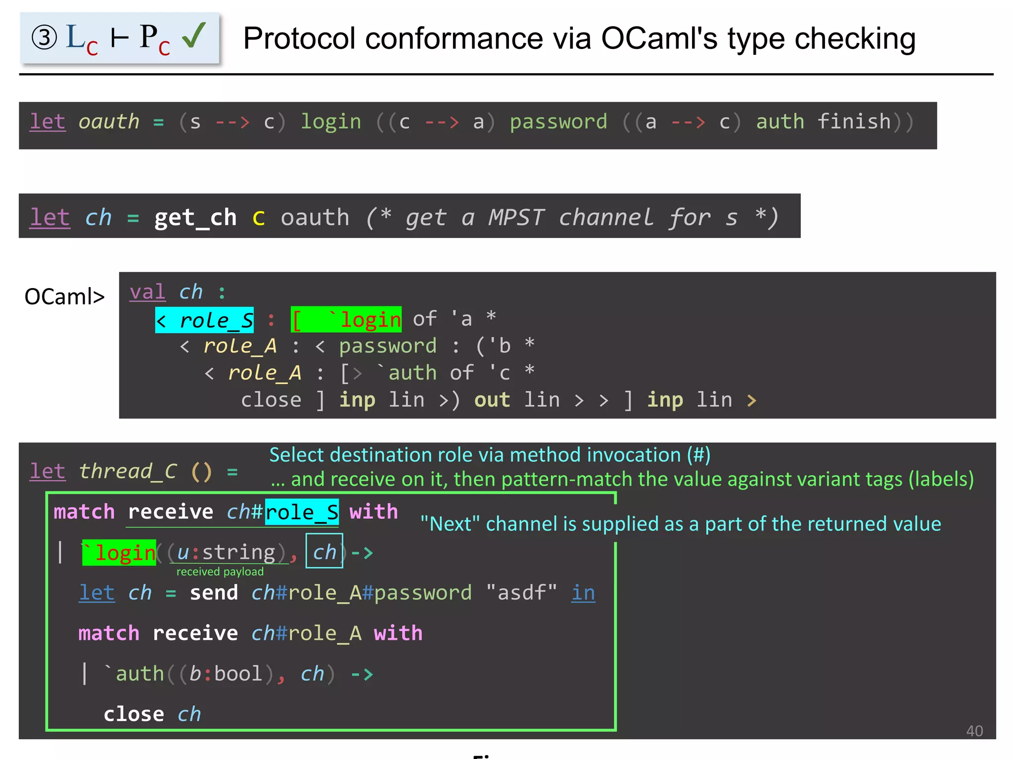 let ch = get_ch c oauth (* get a MPST channel for s *)
val ch :
< role_S : [> `login of 'a *
< role_A : < password : ('b *
< role_A : [> `auth of 'c *
close ] inp lin >) out lin > > ] inp lin >
OCaml>
let oauth = (s --> c) login ((c --> a) password ((a --> c) auth finish))
let thread_C () =
match receive ch#role_S with
| `login((u:string), ch)->
let ch = send ch#role_A#password "asdf" in
match receive ch#role_A with
| `auth((b:bool), ch) ->
close ch
Protocol conformance via OCaml's type checking
40
< role_S
Select destination role via method invocation (#)
role_S
③ LC ⊢ PC ✔
[ `login
`login
… and receive on it, then pattern-match the value against variant tags (labels)
received payload
"Next" channel is supplied as a part of the returned value
 