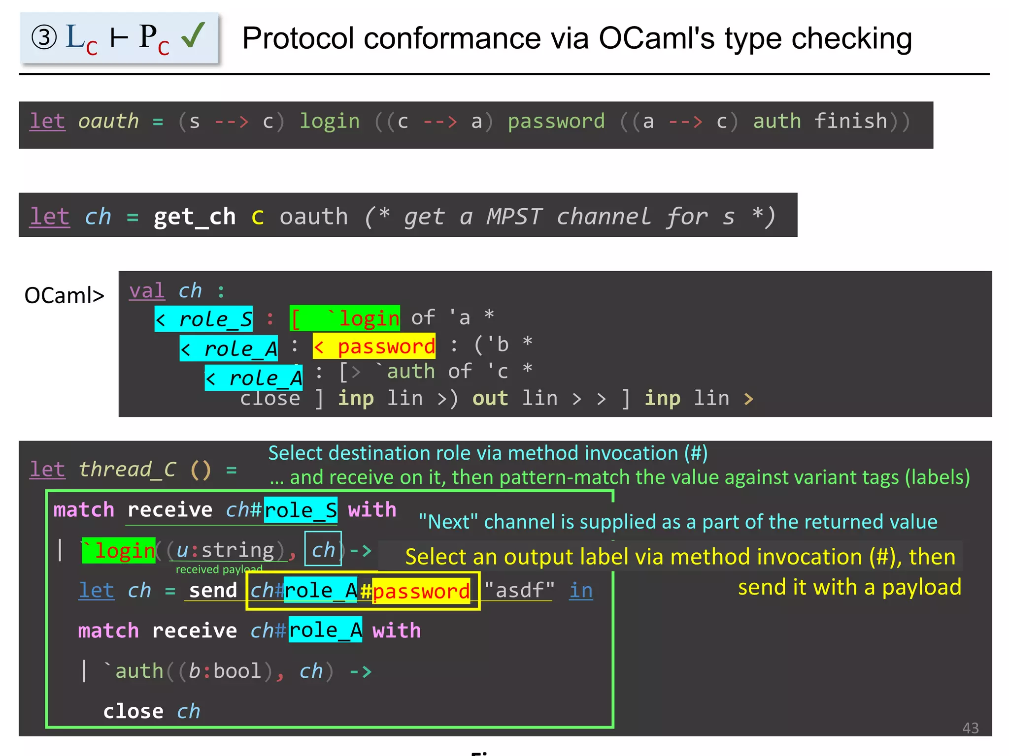 let ch = get_ch c oauth (* get a MPST channel for s *)
val ch :
< role_S : [> `login of 'a *
< role_A : < password : ('b *
< role_A : [> `auth of 'c *
close ] inp lin >) out lin > > ] inp lin >
OCaml>
let oauth = (s --> c) login ((c --> a) password ((a --> c) auth finish))
let thread_C () =
match receive ch#role_S with
| `login((u:string), ch)->
let ch = send ch#role_A#password "asdf" in
match receive ch#role_A with
| `auth((b:bool), ch) ->
close ch
Protocol conformance via OCaml's type checking
43
< role_S
Select destination role via method invocation (#)
role_S
< role_A
role_A
role_A
< role_A
③ LC ⊢ PC ✔
[ `login
`login
… and receive on it, then pattern-match the value against variant tags (labels)
received payload
"Next" channel is supplied as a part of the returned value
< password
#password
Select an output label via method invocation (#), then
send it with a payload
 