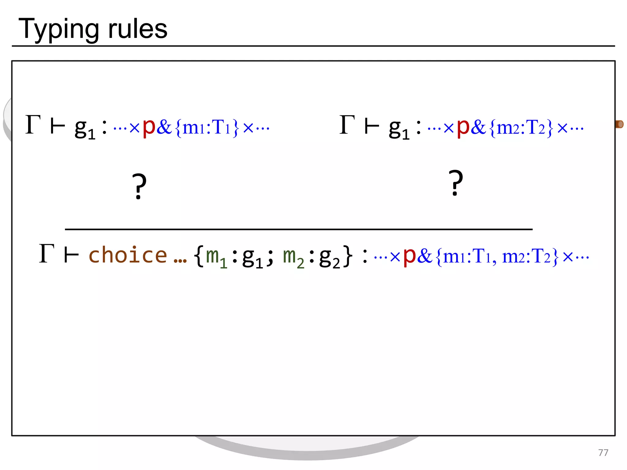 Typing rules
77
…
p1 pn
…
pi
…
p1 pn
…
pi
…
p1 pn
…
pi
…
Γ ⊢ choice … {m1:g1; m2:g2} : ⋯×p&{m1:T1, m2:T2}×⋯
Γ ⊢ g1 : ⋯×p&{m1:T1}×⋯ Γ ⊢ g1 : ⋯×p&{m2:T2}×⋯
? ?
 