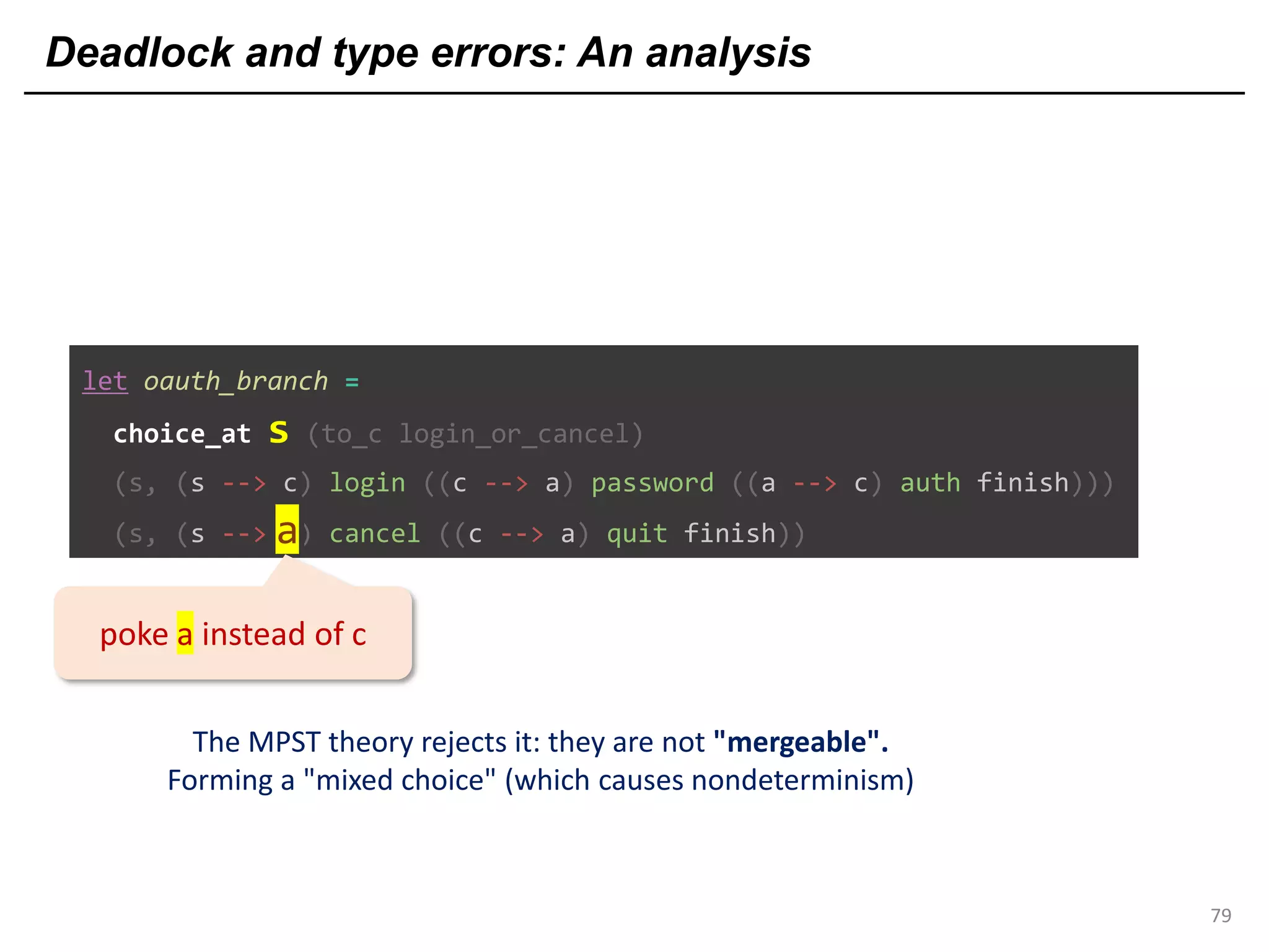 Deadlock and type errors: An analysis
79
let oauth_branch =
choice_at s (to_c login_or_cancel)
(s, (s --> c) login ((c --> a) password ((a --> c) auth finish)))
(s, (s --> c) cancel ((c --> a) quit finish))a
poke a instead of c
The MPST theory rejects it: they are not "mergeable".
Forming a "mixed choice" (which causes nondeterminism)
 