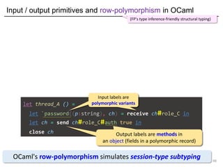 Input / output primitives and row-polymorphism in OCaml
98
let thread_A () =
let `password((p:string), ch) = receive ch#ro...
