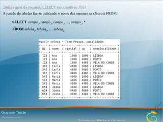 Sintaxe geral do comando SELECT recorrendo ao JOIN
A junção de tabelas faz-se indicando o nome das mesmas na cláusula FROM:
SELECT campo1, campo2, campo3, ..., campon, *
FROM tabela1, tabela2, … tabelak

Graciano Torrão
( http://gracianotorrao.com )

Programação e Sistemas de Informação

 