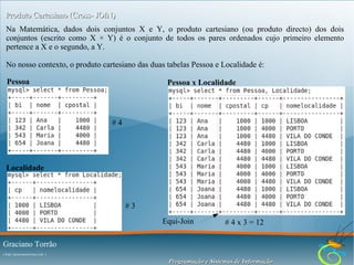 Produto Cartesiano (Cross- JOIN)
Na Matemática, dados dois conjuntos X e Y, o produto cartesiano (ou produto directo) dos dois
conjuntos (escrito como X × Y) é o conjunto de todos os pares ordenados cujo primeiro elemento
pertence a X e o segundo, a Y.
No nosso contexto, o produto cartesiano das duas tabelas Pessoa e Localidade é:
Pessoa

Pessoa x Localidade

#4

Localidade

#3
Equi-Join

# 4 x 3 = 12

Graciano Torrão
( http://gracianotorrao.com )

Programação e Sistemas de Informação

 