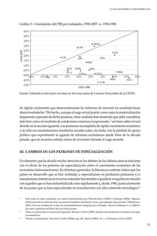 El auge económico LatinoAmericano
11
de rápido crecimiento que desencadenarían las reformas de mercado ha resultado hasta
ahora insatisfecha.2 De hecho, aunque el auge actual puede verse como la materialización
largamente esperada de dicha promesa, otros analistas han mostrado que debe concebirse
más bien como el resultado de condiciones externas excepcionales,3 un tema sobre el cual
ahondo en la sección siguiente. Las promesas incumplidas de rápido crecimiento económico
y no sólo sus insatisfactorios resultados sociales están, sin duda, tras la pérdida de apoyo
político que experimentó la agenda de reformas económicas desde fines de la década
pasada, que no muestra señales claras de reversión durante el auge reciente.
III.	CAMBIOS EN LOS PATRONES DE ESPECIALIZACIÓN
Un elemento que ha atraído mucha atención en los debates de los últimos años se relaciona
con el efecto de los patrones de especialización sobre el crecimiento económico de las
economías latinoamericanas. En términos generales, la literatura existente indica que los
países en desarrollo que se han inclinado a especializarse en productos primarios y/o
manufacturas intensivas en recursos naturales han tendido a quedarse rezagados en relación
con aquellos que se han industrializado más rápidamente y, desde 1980, particularmente
de los países que se han especializado en manufacturas con alto contenido tecnológico.4
2	Este tema ha sido analizado con mayor detenimiento por Ffrench-Davis (2005) y Ocampo (2004). Algunos
defensores de las reformas han reconocido también este hecho (véase, por ejemplo, Kuczynski y Williamson,
2003). Para un análisis de la fase de industrialización dirigida por el Estado, véanse Cárdenas et al. (2003) y
los otros capítulos del libro del cual hacen parte.
3	Véase, en particular, el ensayo de Izquierdo, Romero y Talvi (2007), donde esta afirmación se analiza con rigor
econométrico.
4	Véanse, en particular, Naciones Unidas (2006), cap. III, Akyüz (2003), ch. 1, y Ocampo y Parra (2007).
Gráfico 3:	Crecimiento del Pib por trabajador, 1990-2007 vs. 1950-1980
-1,0%
-0,5%
0,0%
0,5%
1,0%
1,5%
2,0%
2,5%
3,0%
3,5%
4,0%
4,5%
0,0% 0,5% 1,0% 1,5% 2,0% 2,5% 3,0% 3,5% 4,0% 4,5%
1950-1980
1990-2007
ARG
BOL
BRA
CHI
COL
CR
ECU
EL S GUA
HON
MEX
NIC
PAN
PAR
PER
R DOM
UR
VEN
Fuente: Estimativos del autor con base en diversas series de Cuentas Nacionales de la CEPAL.
 