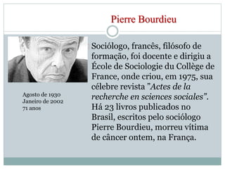 Pierre Bourdieu 
Sociólogo, francês, filósofo de 
formação, foi docente e dirigiu a 
École de Sociologie du Collège de 
France, onde criou, em 1975, sua 
célebre revista ”Actes de la 
recherche en sciences sociales”. 
Há 23 livros publicados no 
Brasil, escritos pelo sociólogo 
Pierre Bourdieu, morreu vítima 
de câncer ontem, na França. 
Agosto de 1930 
Janeiro de 2002 
71 anos 
 