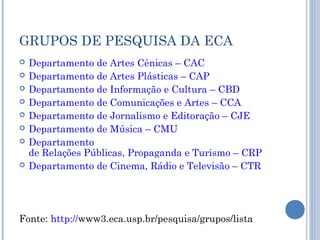 GRUPOS DE PESQUISA DA ECA
 Departamento de Artes Cênicas – CAC
 Departamento de Artes Plásticas – CAP
 Departamento de Informação e Cultura – CBD
 Departamento de Comunicações e Artes – CCA
 Departamento de Jornalismo e Editoração – CJE
 Departamento de Música – CMU
 Departamento
de Relações Públicas, Propaganda e Turismo – CRP
 Departamento de Cinema, Rádio e Televisão – CTR
Fonte: http://www3.eca.usp.br/pesquisa/grupos/lista
 