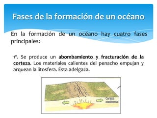Fases de la formación de un océano
En la formación de un océano hay cuatro fases
principales:
1º. Se produce un abombamiento y fracturación de la
corteza. Los materiales calientes del penacho empujan y
arquean la litosfera. Ésta adelgaza.
 
