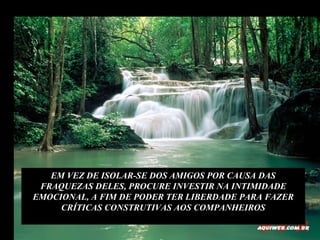 EM VEZ DE ISOLAR-SE DOS AMIGOS POR CAUSA DAS FRAQUEZAS DELES, PROCURE INVESTIR NA INTIMIDADE EMOCIONAL, A FIM DE PODER TER LIBERDADE PARA FAZER CRÍTICAS CONSTRUTIVAS AOS COMPANHEIROS 