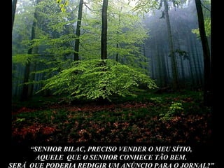 “SENHOR BILAC, PRECISO VENDER O MEU SÍTIO,
      AQUELE QUE O SENHOR CONHECE TÃO BEM.
SERÁ QUE PODERIA REDIGIR UM ANÚNCIO PARA O JORNAL?”
 