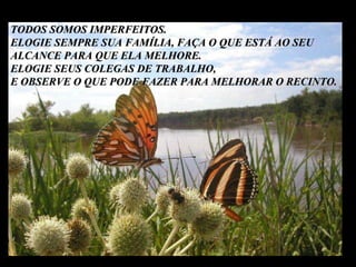 TODOS SOMOS IMPERFEITOS. ELOGIE SEMPRE SUA FAMÍLIA, FAÇA O QUE ESTÁ AO SEU ALCANCE PARA QUE ELA MELHORE. ELOGIE SEUS COLEGAS DE TRABALHO,  E OBSERVE O QUE PODE FAZER PARA MELHORAR O RECINTO. 
