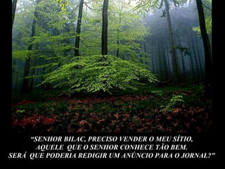 “ SENHOR BILAC, PRECISO VENDER O MEU SÍTIO,  AQUELE  QUE O SENHOR CONHECE TÃO BEM.  SERÁ  QUE PODERIA REDIGIR UM ANÚNCIO PARA O JORNAL?”  
