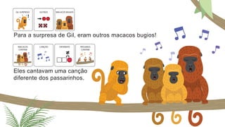 Para a surpresa de Gil, eram outros macacos bugios!
MACACOS BUGIOS
GIL SURPRESO OUTROS
!
Eles cantavam uma canção
diferente dos passarinhos.
MACACOS
CANTAM
CANÇÃO DIFERENTE PÁSSAROS
CANTAM
 