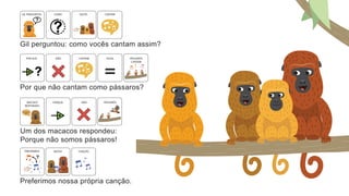 Gil perguntou: como vocês cantam assim?
COMO VOCÊS
GIL PERGUNTOU CANTAM
Por que não cantam como pássaros?
POR QUE NÃO IGUAL PÁSSAROS
CANTAM
CANTAM
Um dos macacos respondeu:
Porque não somos pássaros!
NÃO
MACACO
RESPONDEU
PORQUE PÁSSAROS
Preferimos nossa própria canção.
PREFERIMOS NOSSA CANÇÃO
 