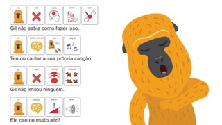 Gil não imitou ninguém.
GIL NÃO IMITOU NINGUÉM
Tentou cantar a sua própria canção.
ELE SUA CANÇÃO
TENTOU CANTAR
Gil não sabia como fazer isso.
GIL NÃO FAZER
SABIA ISSO
Ele cantou muito alto!
ELE MUITO ALTO
!
CANTOU
 