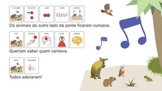 Os animais do outro lado da ponte ficaram curiosos.
OS ANIMAIS DO OUTRO LADO PONTE CURIOSOS
Todos adoraram!
TODOS ADORARAM
Queriam saber quem cantava.
QUERIAM
ELES SABER QUEM CANTAVA
 