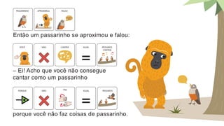 Então um passarinho se aproximou e falou:
PASSARINHO APROXIMOU FALOU
– Ei! Acho que você não consegue
cantar como um passarinho
porque você não faz coisas de passarinho.
VOCÊ NÃO IGUAL PÁSSAROS
CANTAM
CANTAR
FAZ
PORQUE NÃO IGUAL PÁSSAROS
 