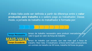 MAIS-VALIA
A Mais-Valia pode ser definida a partir da diferença entre o valor
produzido pelo trabalho e o salário pago ao trabalhador. Desse
modo, a jornada de trabalho do trabalhador é formada por:
Tempo Necessário:
tempo de trabalho necessário para produzir mercadorias cujo
valor é igual ao valor da força de trabalho
Tempo Excedente:
tempo de trabalho que excede, que vale mais que a força de
trabalho: Mais Valia. O trabalhador, embora tenha feito juridicamente
um contrato de trabalho de 08 horas, trabalha 04 horas de graça
 